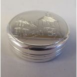 A silver round pill box, the top engraved with a view of Old Amersham Market Hall  Brian Fuller