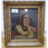19thC British School - a girl seated at a work table with flowers  oil on board  7.5" x 6.5"  framed