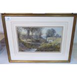 Richard Wane - a Welsh landscape with figures on a cottage bridge  watercolour  bears a signature