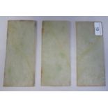 Three identical Chinese jade, slim tablets, two of which bear engraved character marks  3" x 7"