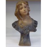 After R Aurili - an Art Nouveau painted plaster bust, a girl with flowing hair  bears an impressed