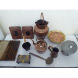 A mixed lot: to include 19thC wooden printers blocks; and functional metalware