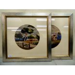 Two modern woolwork pictures, depicting rural/farm buildings  11"dia  framed