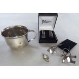 Silver and white metal collectables: to include two pairs of earrings; a mug; and a pearl set