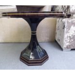 A modern (possibly from the Georgio Collection) exotic hardwood effect pedestal centre table  27.5"h