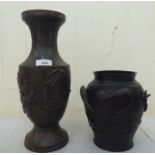 Two dissimilar 20thC Japanese bronze vases  14" & 8"h