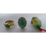 A Jade pendant; a 9ct gold ring, set with a hardstone; and a Chinese gold ring  stamped 14k