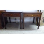 A pair of Edwardian style mahogany single drawer coffee tables, raised on square legs  19"h  19.5"sq