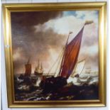 After Simon de Vileger - 'Sailing Boats and Galleons'  processed print  30" x 30"  framed