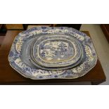 A mid 19thC Copeland china oval meat plate, decorated in blue and white with figures in a