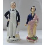 Two mid Victorian Staffordshire pottery figures, viz. 'Beaconsfield'  13"h; and a robed man  12"h