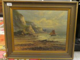 Late 19thC British School - figures and a small sailing boat, on a Sussex coastline  oil on