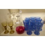 Glassware: to include a set of eleven Bohemian style blue and clear beakers  7"h