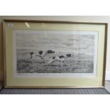 A study of a pair of gun dogs in a landscape  monochrome print  bears an indistinct pencil signature