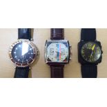 Three dissimilar modern, variously strapped and cased wristwatches