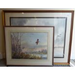 RW Milliken - ducks flying over a reservoir  watercolour  bears a signature  21" x 29"  framed;