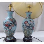 A pair of modern cloisonné vase design table lamps, each decorated with birds and flora  16"h