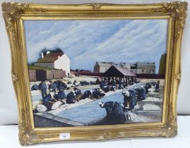 D Bale - women washing linen in a pool  oil on canvas  bears a signature  15" x 19"  framed