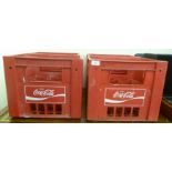 Four red plastic, twelve capacity, Coca-Cola branded bottle crates