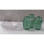 Glassware: to include a graduated set of three dumps with bubbled decoration  largest 6"h