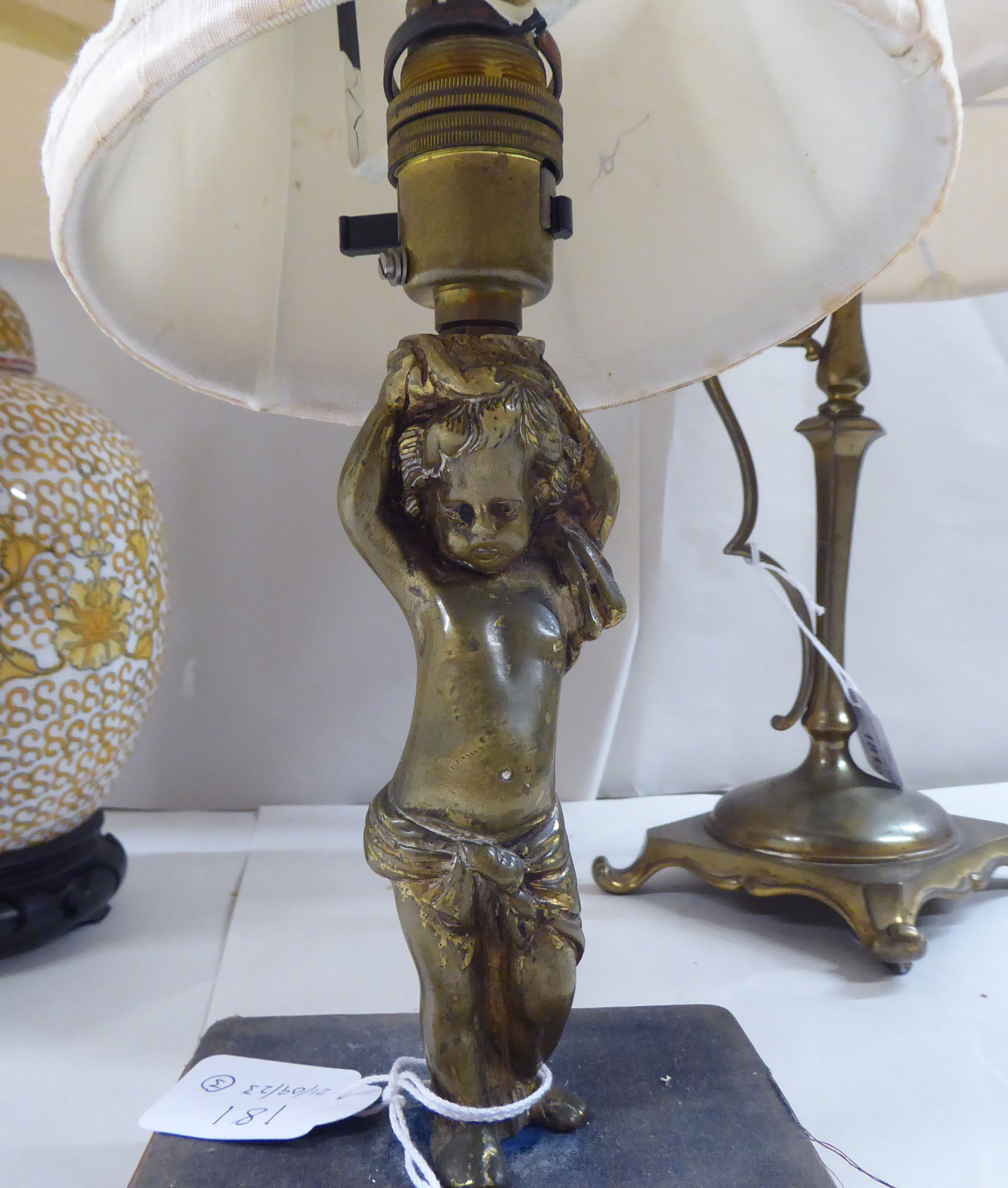 Three lamps, viz. a converted Chinese ginger jar  14"h; a brass example with a handle  14"h; and - Image 3 of 4