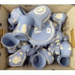 Wedgwood powder blue jasperware collectables: to include vases; tableware; and trinket boxes