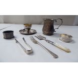 Silver collectables: to include a tankard; flatware; and a napkin ring  4"h mixed marks