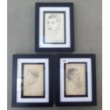 After Ch Bonnat Boulet Pfeiffer - three portraits of men  pencil  5" x 3.5"  framed