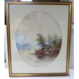 Edwin Emys - a European riverscape  watercolour  bears a signature  21" x 18"  framed
