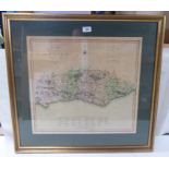 An early 19thC map of Sussex, divided into rapes and hundreds  18" x 20"  framed