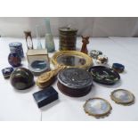 Trinkets and collectables: to include a Roman glass bottle  5.5"h; and a composition hand mirror