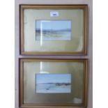 Wilkie West - two coastal scenes  watercolours  bearing signatures  4" x 7"  framed