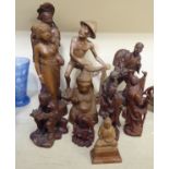 Oriental carved wooden model artisan and other figures  largest 13"h