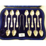 A set of eleven late Victorian silver teaspoons and matching sugar tongs  Sheffield 1900  cased