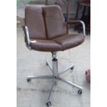 A Fieff Furniture chromium plated, framed office desk chair, stitched upholstered in simulated brown