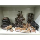 Modern wooden collectables: to include a pair of carved monks, posing with fish  14"h