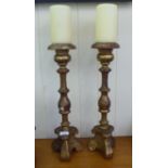 Two late 19thC gilded wooden candlesticks  16"h