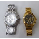 Two similar, modern, stainless steel cased, bracelet wristwatches