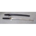 A reproduction of a Japanese Samurai sword with a rope clad handle  the blade 27"L in a scabbard