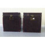 A pair of modern faux brown hide covered storage chests with stud ornament and hinged lids  21"h