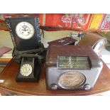 A vintage radio, telephone and three variously cased 20thC mantel clocks  largest 12"h  14"w