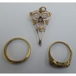 Two 9ct gold rings, one set with sapphires, the other diamond chips; and an early 20thC Art
