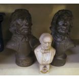 Two composition bronzed effect bust, Oliver Cromwell  7"h; and a crested china bust of Gladstone 4"h