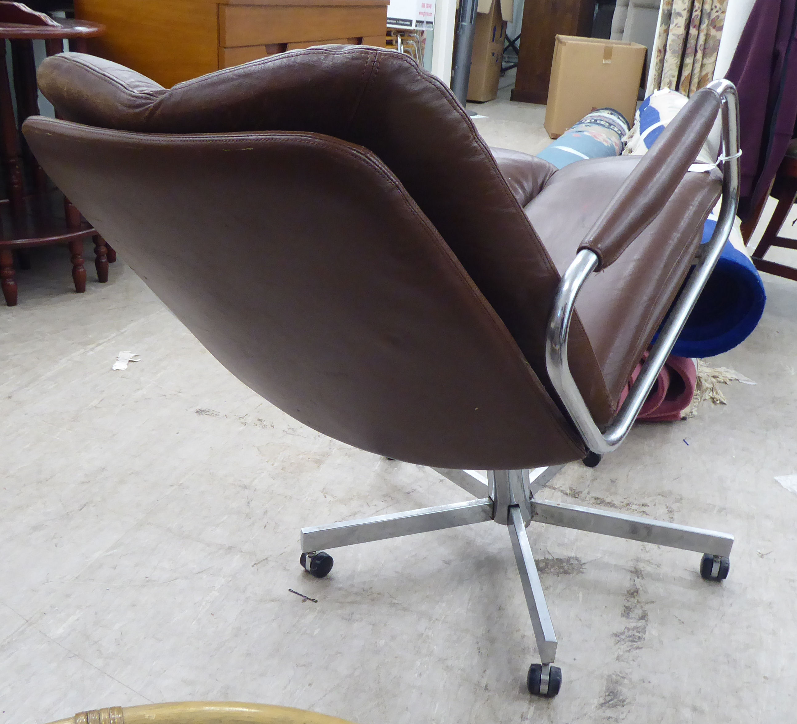 A Fieff Furniture chromium plated, framed office desk chair, stitched upholstered in simulated brown - Image 5 of 5