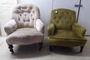 Two Edwardian fabric upholstered armchairs, one upholstered in soft pink fabric, the other in green,