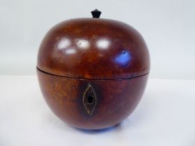 A 19thC turned treen tea caddy in the form of an apple with a lockable, hinged lid  5.25"h