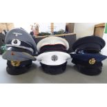 Six various British and foreign military and military style peaked caps (Please Note: this lot is
