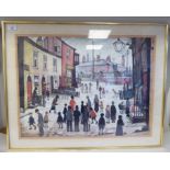 After L S Lowry - 'Street scene with public procession (1938)'  coloured print  17" x 23"  framed