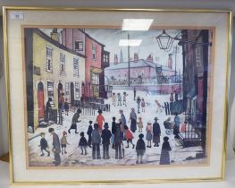 After L S Lowry - 'Street scene with public procession (1938)'  coloured print  17" x 23"  framed
