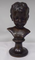 A late 19thC cast and patinated bronze bust, a young boy, on a turned socle  11.5"h